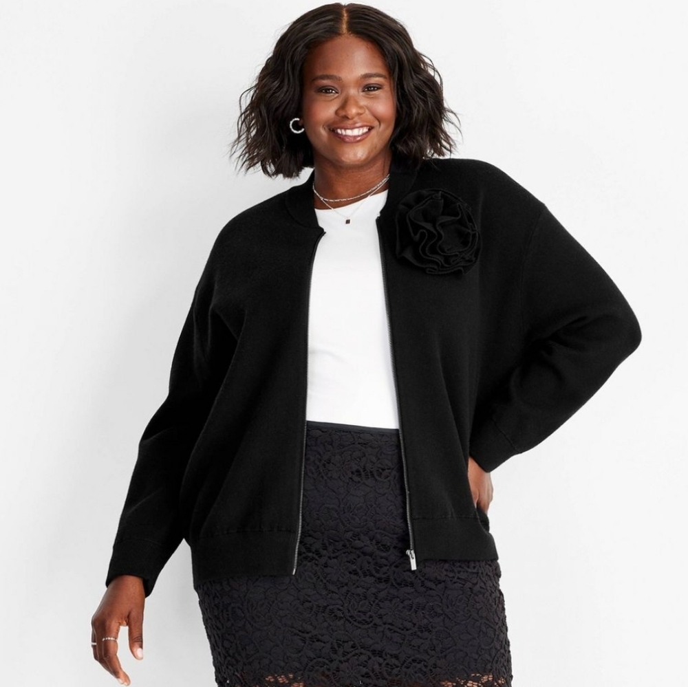 Women's Rosette M Sweater Bomber Jacket - Future Collective Black Floral Detail